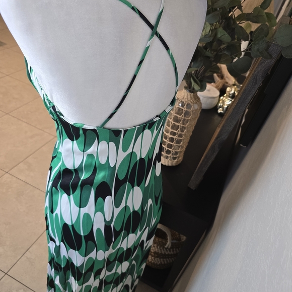 Zara Satin Printed Camisole Green and White Wave Maxi Dress Size S - Picture 4 of 9